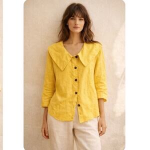 Vintage Bright Yellow 100% Linen Asymmetrical Button Blazer Peter Pan Collar